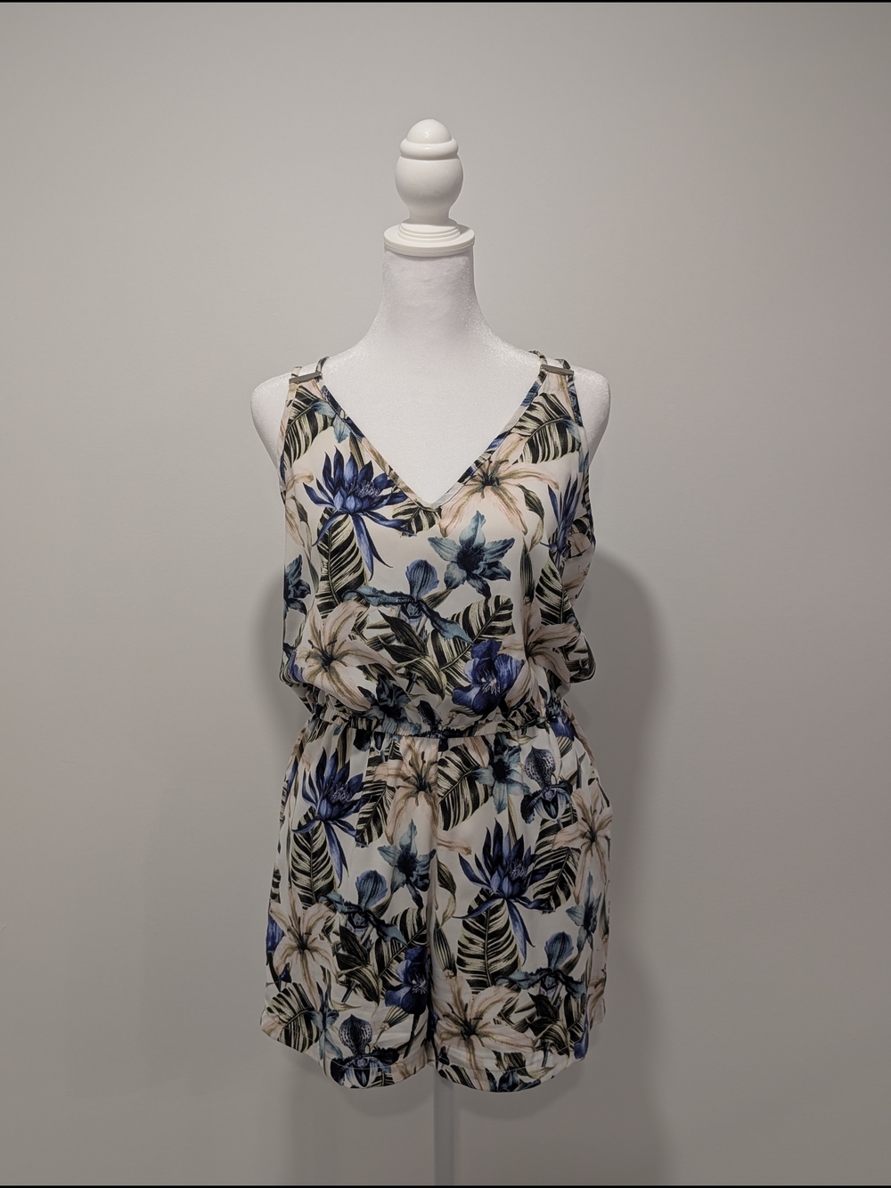 Dynamite Blue and Cream Floral Romper